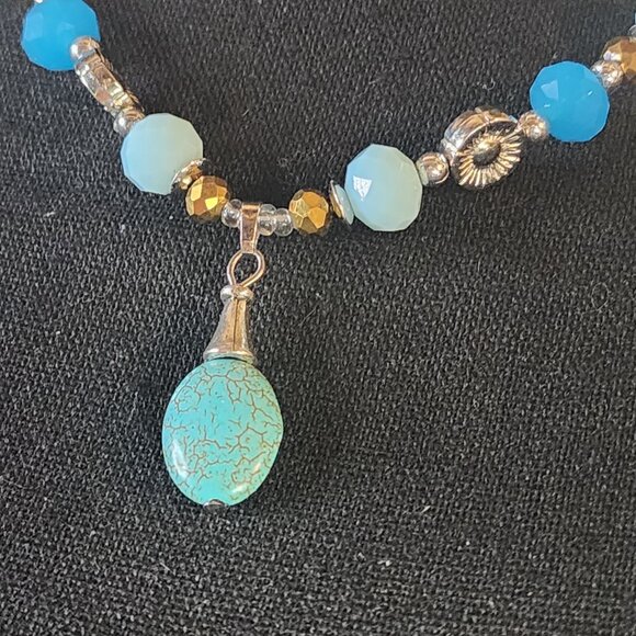 Blue and Gold Beaded Silver Tone Flower Faux Turquoise Pendant Boho 18" Necklace - Picture 5 of 16